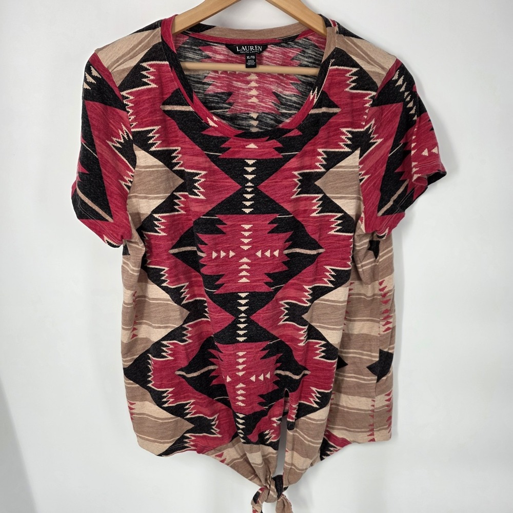 Lauren Ralph Lauren Shirt Women's XL Black Label Aztec Print Tie Front Red Brown